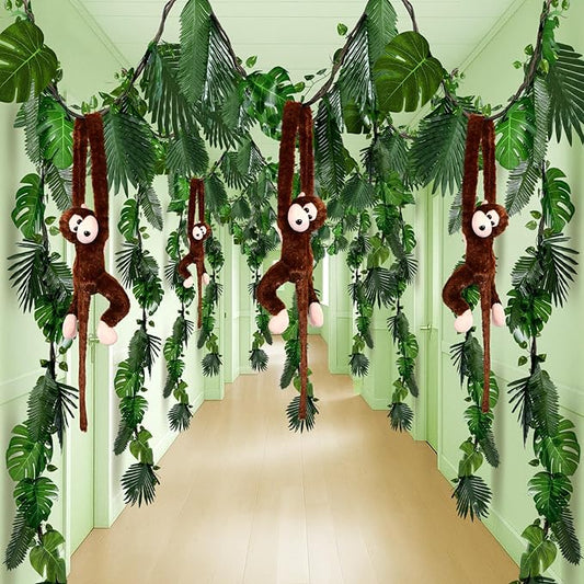 Suncalla 90 Pcs Jungle Theme Decoration Tropical Rainforest Safari Party Decor 4 Hanging Monkey Stuffed 14.4 ft Pothos Vines 20ft Artificial Rattan 60 Palm Leaf Set for Birthday Classroom Party (20ft)