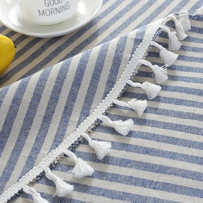 meioro Round Tablecloth Stripe Tassel Table Cloth Cotton Blend Dust-Proof Cover for Dining Circle Coffee Side End Card Tables, Parties Holiday Indoor Outdoor Use (Blue/White Stripes, 47 Inch)