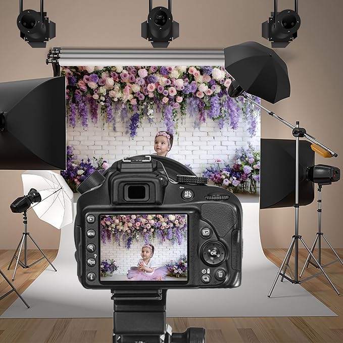 Baocicco Purple Floral Wall Backdrops 15x10ft Flowers White Brick Wall Backdrops for Photoshoot Valentine Day Decorations Anniversary Wedding Banner Supplies Birthday Baby Shower Photo Props
