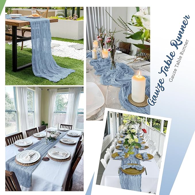 16 Pack Dusty Blue Cheesecloth Table Runners 20x120 Inch Gauze Table Runner Cheese Cloth 10FT Blue Table Runner Rustic Sheer Runner for Wedding Baby Shower Birthday Party Table Decor