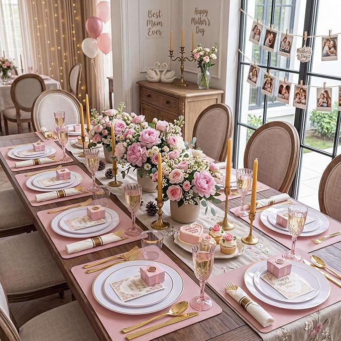 KIRE 350 PCS White and Gold Plates Disposable - Elegant Dinnerware Set of 50 Guest, White Plastic Plates With Gold Rim, Pre Rolled Napkins with Silverware & Cups for Party/Wedding/Mother's Day