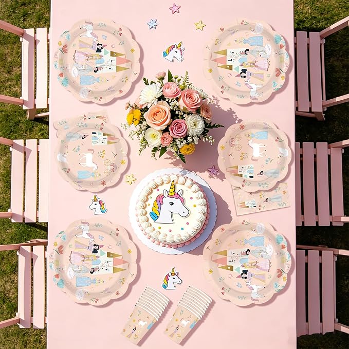 250Pcs Princess Birthday Party Decorations Pink Fairytale Plates Napkins Cups Scalloped Edge Disposable Tableware Set for Girls' Princess Themed Birthday Baby Shower Party Supplies Serves 50