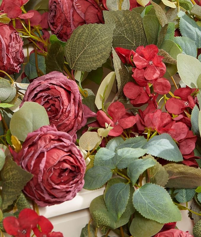 PONKING Flower Garland Artificial Rose & Hydrangea Vine Hanging Fake Flowers Vines for Wedding Birthday Party Valentines Christmas Room Wall Arch Decor, 1 Rose & 1 Hydrangea Red Floral Garland