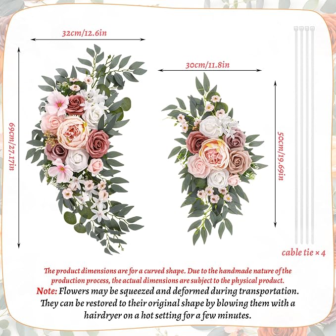 2 Pcs Wedding Arch Decorations - Reusable Artificial Hanging Flowers Floral Swag Greenery Garland for Wedding Welcome Sign Backdrop Bridal Ceremony Reception Backdrop Decoration(Soft Pink)