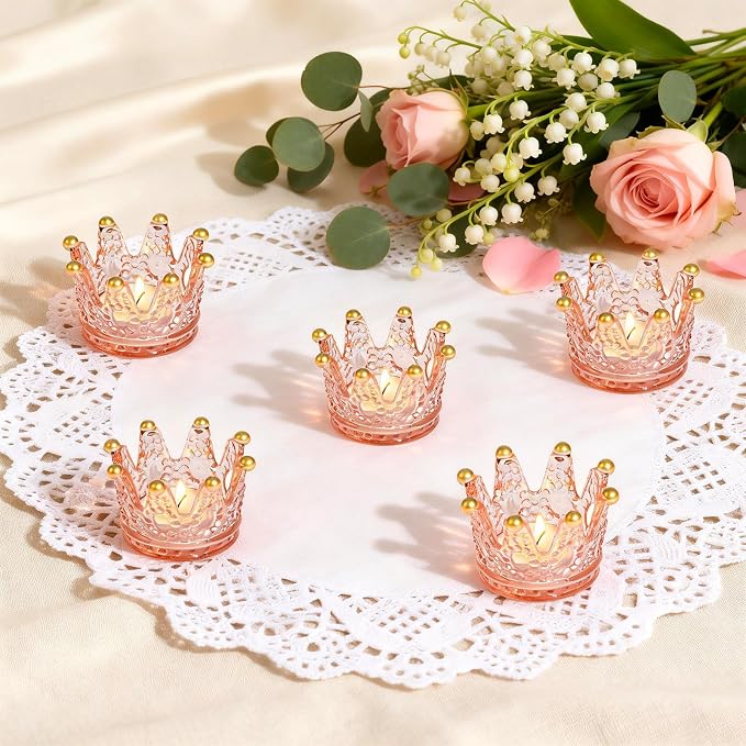 Rubtlamp 6 Pack Pink Crown Candle Holders, Votive Candle Holders Bulk with Gold Tips, Glass Tealight Candle Holder for Table Centerpieces, Bridal Shower, Birthday, Wedding, Home Decor