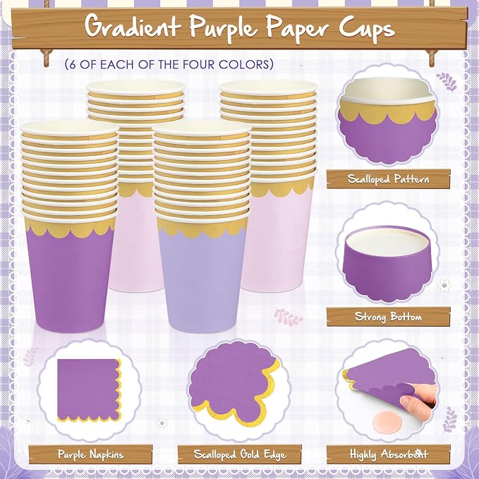 Mimorou 169 Pcs Purple Plates and Napkins Party Supplies for Guests Lavender Purple and Gold Tableware Include Scalloped Plates Paper Napkin Cup Spoon Fork Knife for Baby Shower, Wedding, Birthday