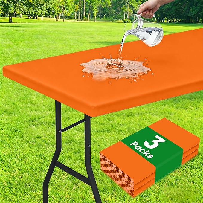 Smiry 3 Pack Rectangle Table Cloth, Elastic Fitted Flannel Backed Vinyl Tablecloths for 6ft Folding Tables, Waterproof Wipeable Table Covers for Indoor, Outdoor, Camping and Picnic (Orange, 30"x72")
