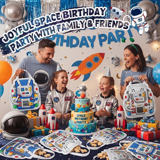 Locmeo 24 Pcs Space Party Favors Bags 11 Inch Astronaut Birthday Gift Bags Bulk Non Woven Reusable Tote Bag with Handle for Goodie Snack Treat Space Party Supplies Birthday Gift Decoration