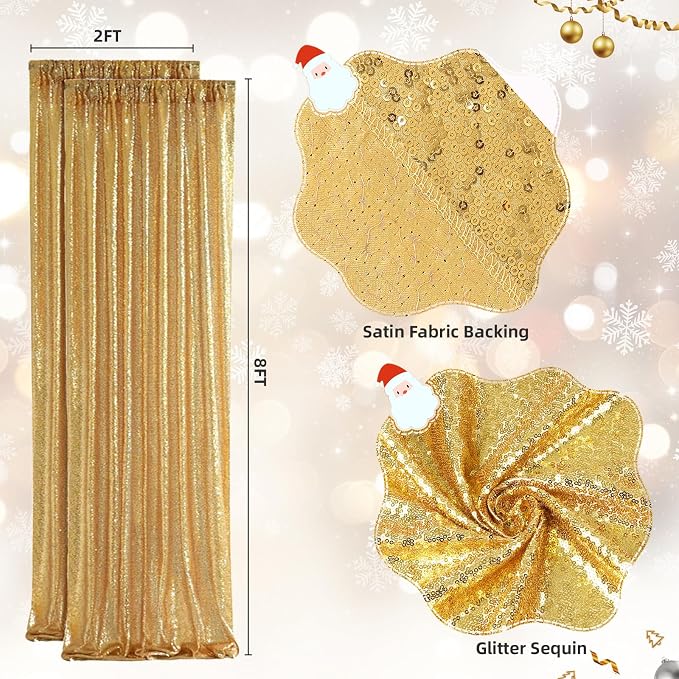 SquarePie 2 PCS 2x8ft Gold Sequin Backdrop Curtains, Satin-Backed Shimmering Photo Booth Background, 2 Panels Narrow Real Sequin Drapes with 4" Rod Pocket for Party, Baby Shower, Doorway Decor
