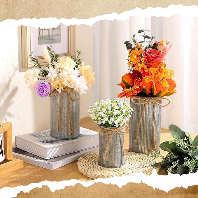 Zonon 3 Pcs Farmhouse Vase Decor with Twine Bow 4.33" Galvanized Flower Bucket 5.91" Metal Pots 7.09" Rustic Decorated Vases for Artificial Flowers Home Table Weddings Decor (Black)