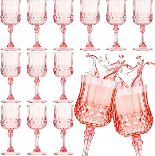 Pinkunn 12 Pcs 7 oz Plastic Vintage Wine Glasses Reusable Colored Goblets Patterned Drinking Water Glasses Cup Dishwasher Safe for Mother's Day Wedding Reception Party Supplies (Pink)