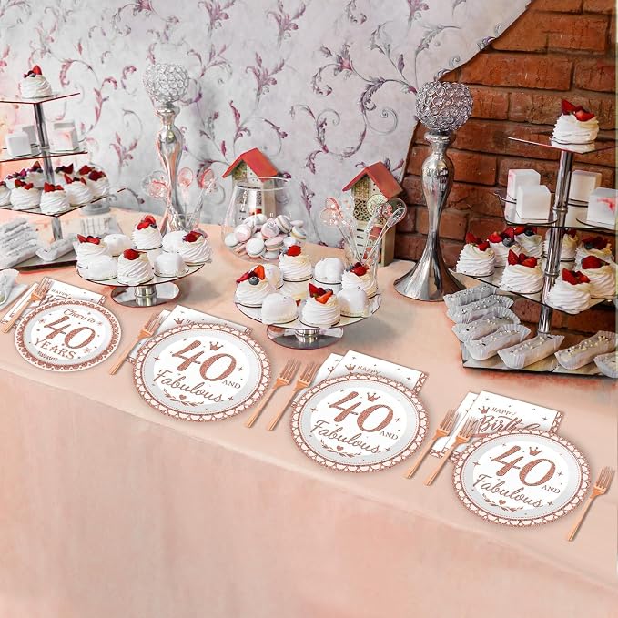 gisgfim 50 Guests 40th Birthday Decorations Plates Napkins for Women Rose Gold Party Supplies 40 Fabulous Happy Birthday Tableware Set Cheers to 40 Years Party Decor Table Decors for Her Girl 200Pcs
