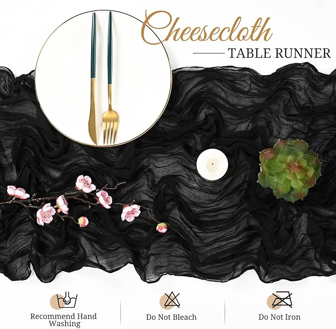8 Pack Cheesecloth Table Runner, 10Ft Boho Gauze Table Runner 21×120 Inch Rustic Romantic Long Table Runner for Wedding Party Bridal Shower Thanksgiving Christmas Decoration (Black)