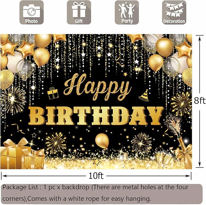 Happy Birthday Backdrop Banner for Men Black and Gold Glitter Birthday Party Decorations Background for Women Boys Girls Adults Polyester Fabric 10x8ft