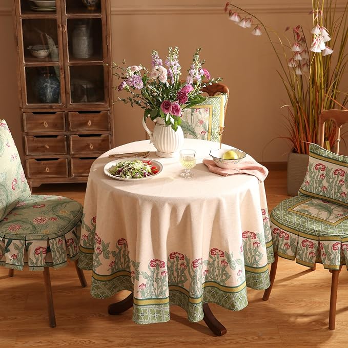 patdrea Vintage French Linen Tablecloth,Round,Diameter 67"-Cecilia D | Colorful Elegant Table Cloth for Round Table,Floral Vine Patterned,Dining Room Tea Party Thanksgiving Decor