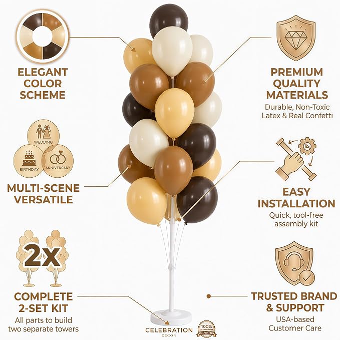 Hiins Balloon Column Kit Set of 2 With Balloons Included - with Base,Pole,Balloon Tower Backdrop Decoration for Wedding, Baby Shower,Birthday Party,Bachelorette Parties (3xChocolate Brown)