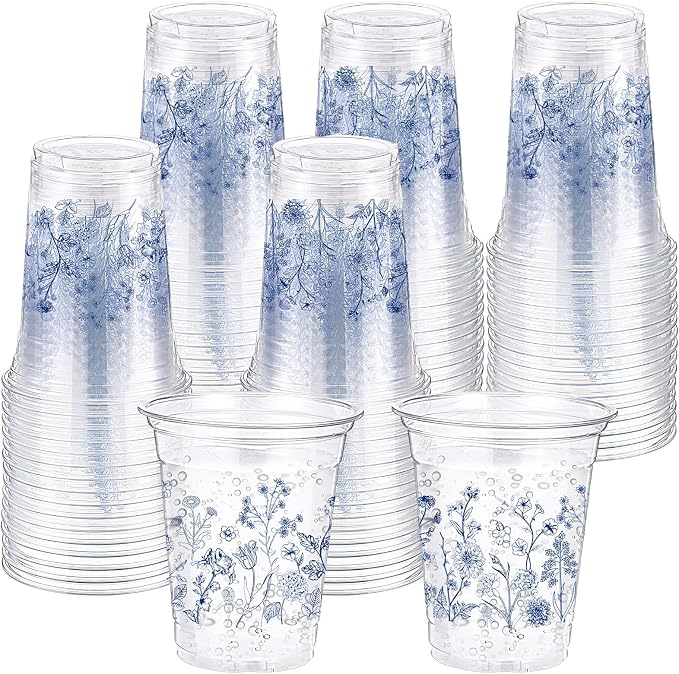Hushee Blue Garden Floral 60 Pcs Party Cups 16 oz Plastic Disposable Drinking Cups for Birthday Love Baby in Bloom Baby Shower Summer Fresh off The Market Bridal Shower Decorations Supplies