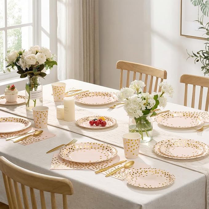 Goodlluck 350PCS Pink Gold Foil Polka Dot Disposable Party Tableware Set, 50 Guests | 9" & 7" Golden Dot Disposable Paper Plates, 9oz Cups, Napkins & Gold Cutlery for Birthday, Wedding & Baby Shower