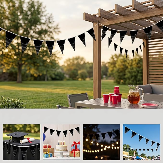 40M/130FT Black Triangle Pennant Banner Flag Metallic Fabric Bunting Garland for Christmas Graduation Birthday Wedding Engagement Bachelorette Holiday Halloween Celebration Hen Party Supplies