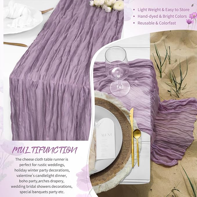 30 Pack Purple Cheesecloth Table Runner 17 x 108 inch Boho Gauze Table Runner Rustic Sheer Cheese Cloth Table Decorations for Wedding Party Baby Bridal Shower Birthday Holiday Home