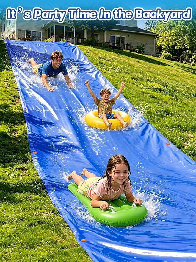 30 x 8 ft Extra Wide Lawn Water Slide with 2 Inflatable Bodyboards - Thick Durable Slick Waterslide for Kids & Adults, Easy to Set Up with 16 Ground Stakes, Outdoor Backyard Fun Water Games for Summer