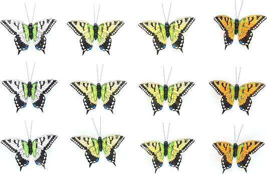 HNH 4‘’ Swallowtail Artificial 3D Butterfly Decorations with Magnet Set 4 Color of 12pcs Handmade Feather Butterflies for Home Decoration Craft Butterflies Butterflys（1802M）