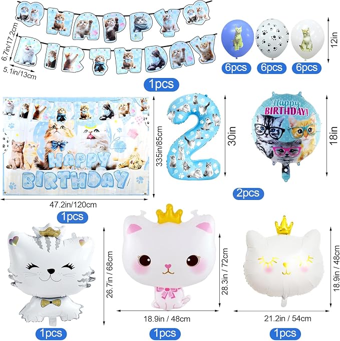 142Pcs Cat Birthday Decorations, Cat 2nd Birthday Party Supplies, Cat Birthday Party Decorations Include Plates Cups Napkins Tablecloth Balloons Cake Toppers for Kids Party