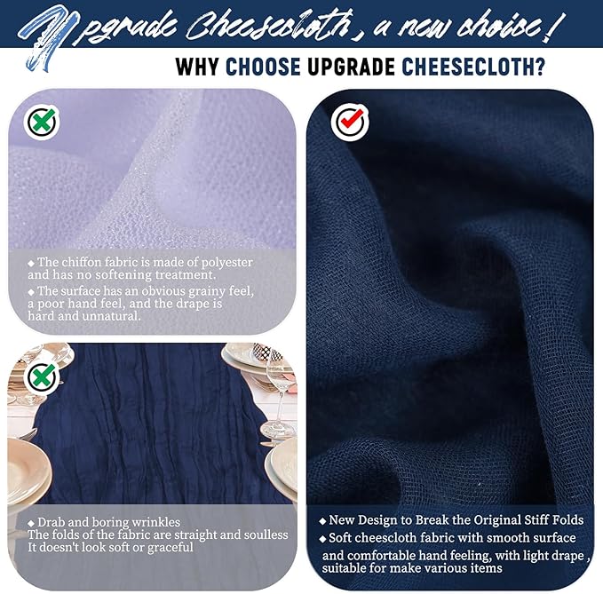 Teruntrue 24 Packs Navy Blue Cheesecloth Table Runner,10ft Rustic Gauze Boho Wedding Table Runner Decoration, Wedding Table Decor Sheer Table Runner for Wedding Party Bridal Shower Table