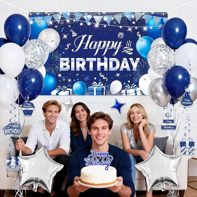 33rd Birthday Decorations for Men & Women, Navy Blue and Silver Happy 33rd Birthday Party Decorations with Number Balloons, Hanging Swirls, Cake Topper for 33 Years Old Party Supplies