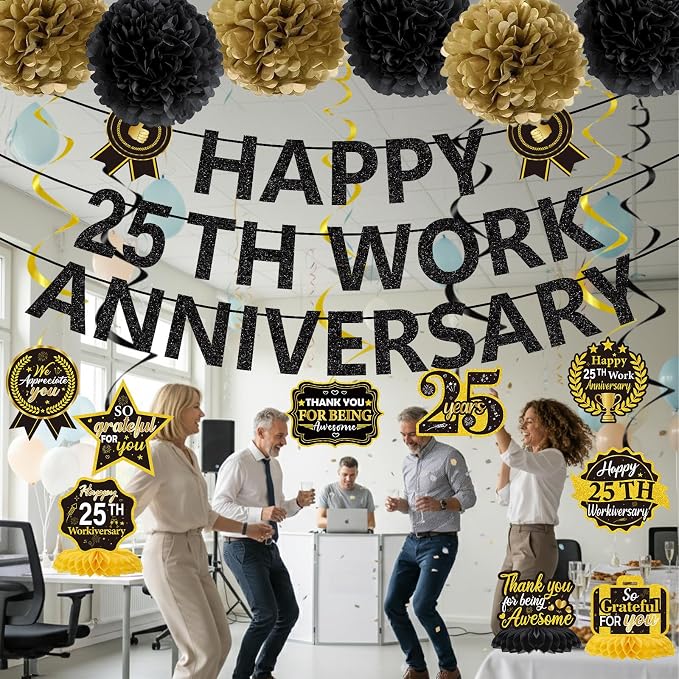 25th Work Anniversary Party Decorations - 17PCS Black Gold 25th Work Anniversary Banner Hanging Swirls Honeycomb Centerpieces Pompoms Decor, Workiversary Office Appreciation Supplies