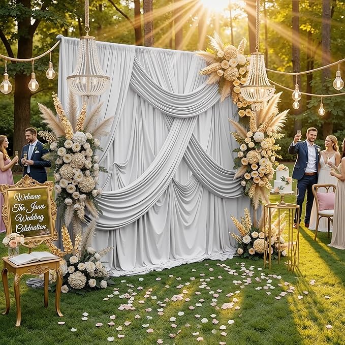 10ft x 10ft Wrinkle Free Silver Backdrop Curtain fpr Parties, Polyester Backdrop Drapes Panels for Wedding Space Theme Birthday Party Baby Shower Birthday Decoration