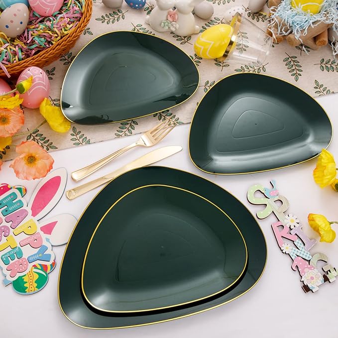 DaYammi 180Pcs Green Plastic Plates, Green Gold Disposable Plates with Gold Silverware Dinnerware Set Include: 30 Dinner Plate,30 Dessert Plate,90 Plastic Cutlery,30 Cups for Party Dinner Wedding