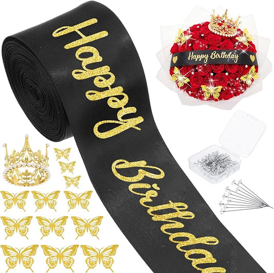 Zeyune 114 Pcs Flower Bouquet Accessories Includes 2 in x 5 Yard Glitter Happy Birthday Satin Ribbon, Gold Bouquet Crown, Butterfly Decor and Rhinestone Flower Pins for Birthday Wedding Baby Shower