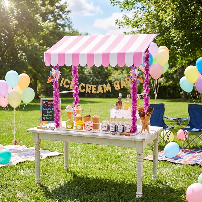 7 Pcs Ice Cream Bar Stand Supplies Ice Cream Bar Cart Party Decoration with 1 Set Plastic Stand 1 Pink and White Sunshade Cloth 4 Pink Tinsel 1 Banner for Icecream Party Supplies Bakery Backdrop