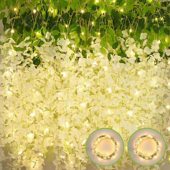 24Pcs Artificial Wisteria Hanging Flowers with Lights, 3.6Ft/Pcs White Fake Wisteria Garland for Wedding Party Home Garden Indoor Outdoor Decoration