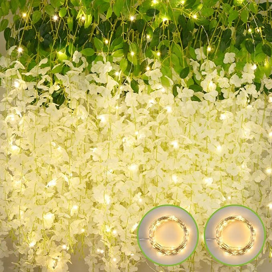 24Pcs Artificial Wisteria Hanging Flowers with Lights, 3.6Ft/Pcs White Fake Wisteria Garland for Wedding Party Home Garden Indoor Outdoor Decoration