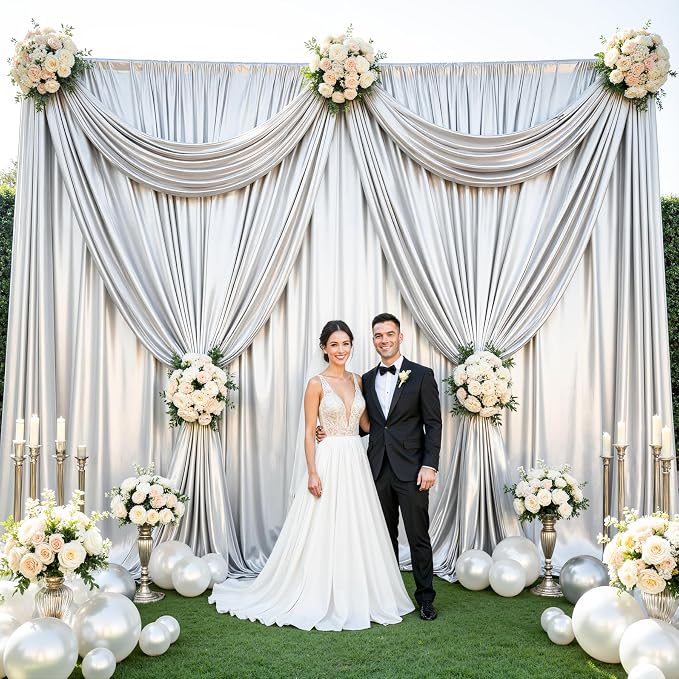 10x10ft Silver Glitter Backdrop Curtain for Parties, Wrinkle Free Satin Photo Backdrop Drapes 2 Panels 5x10FT Shimmer Back Drop Cloth for Wedding Birthday New Year Stage Photography Background Decor