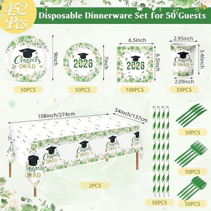 Funnymoom 452 Pcs Class of 2026 Green Gold Floral Graduation Decoration for 50, Sage Green Congrats Grad Paper Plates Napkins Cup Tablecloth Cutlery Straw for Graduated Decoration Party Supply