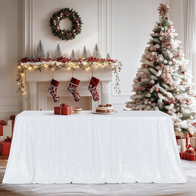 Poise3EHome White Sequin Tablecloth 60×120 Inch Rectangle Sparkly Fabric Table Cloth for Birthday Wedding Party Holiday Baby Shower Christmas Decoration