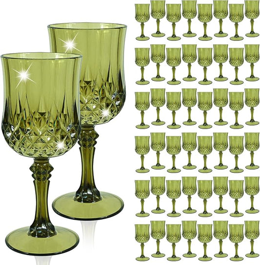 48 Pcs Dark Green Plastic Wine Glasses, Plastic Goblets for Parties, Vintage Wine Glasses Bulk, Reusable Drinking Glass, Drinkware Cups for Wedding Party Reception Event Supplies