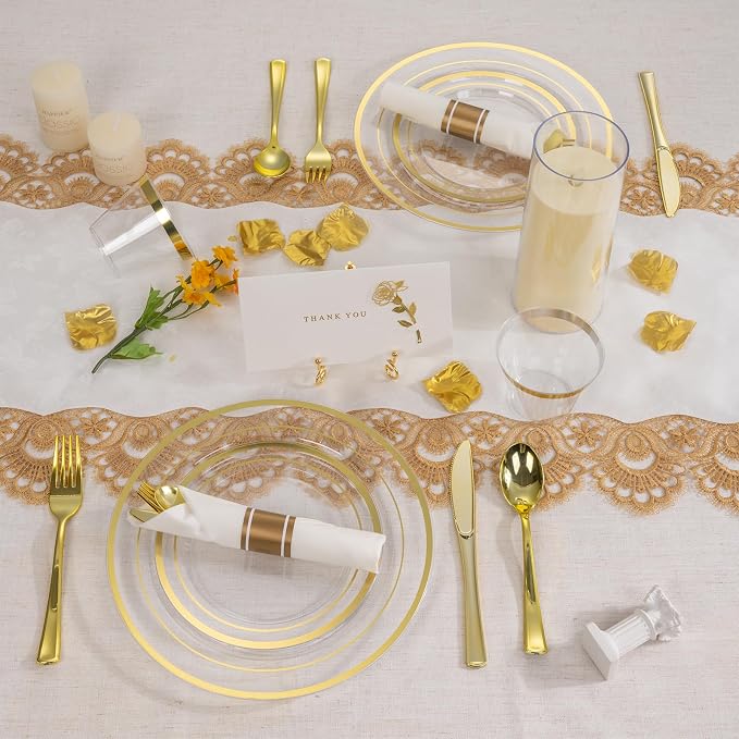 realluck 350PCS Clear Gold Plastic Dinnerware Set for 50 Guests, Disposable Party Plate for Wedding Party, Include: 100 Plastic Plates, 50 Pre Rolled Napkins with Silverware, 50 Cups