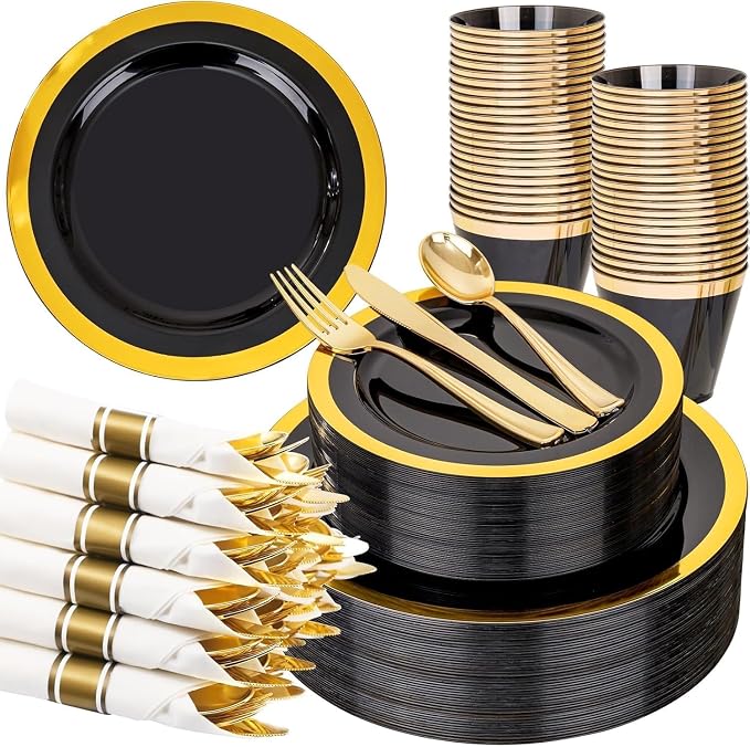 YOUBET 350PCS Black and Gold Plastic Plates - Gold Disposable Dinnerware Sets for 50 Guests - 100 Plastic Plates, 150 Gold Silverware, 50 Cups, 50 Pre Rolled Napkins for Party & Wedding