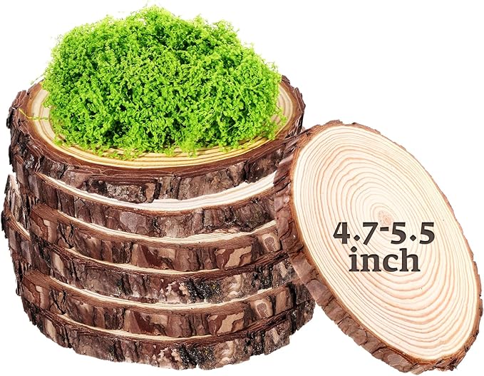 Nuanchu 7 Pack Wood Table Centerpieces with Rustic Wood Slices and Artificial Fake Green Moss for Wooden Fairy Wedding Woodland Table Decor Ideal DIY Crafts (4. 7-5. 5'')