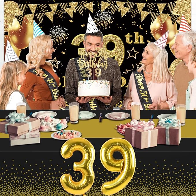 39th Birthday Decorations Men Women with 39th Birthday Banner, Black and Gold Table Cloth, Number Balloons, Large Sash, Cake Topper and Candles