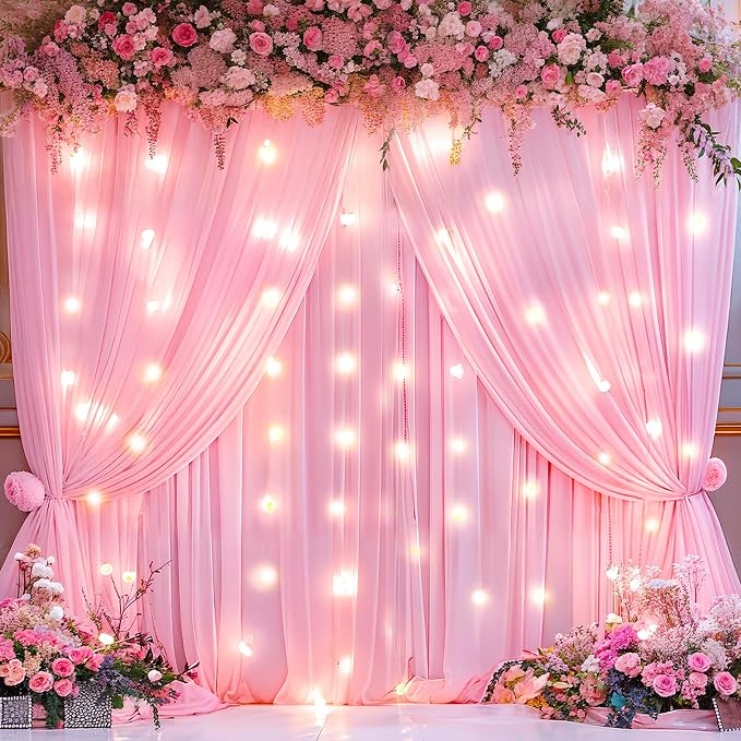 Pink Backdrop Curtain with Lights String for Parties,10x10FT Wrinkle Free Polyester Wedding Photo Backdrop Drapes for Baby Shower Birthday Ceremony Reception Home Party Decorations-5ft x 10ft,2 Panels