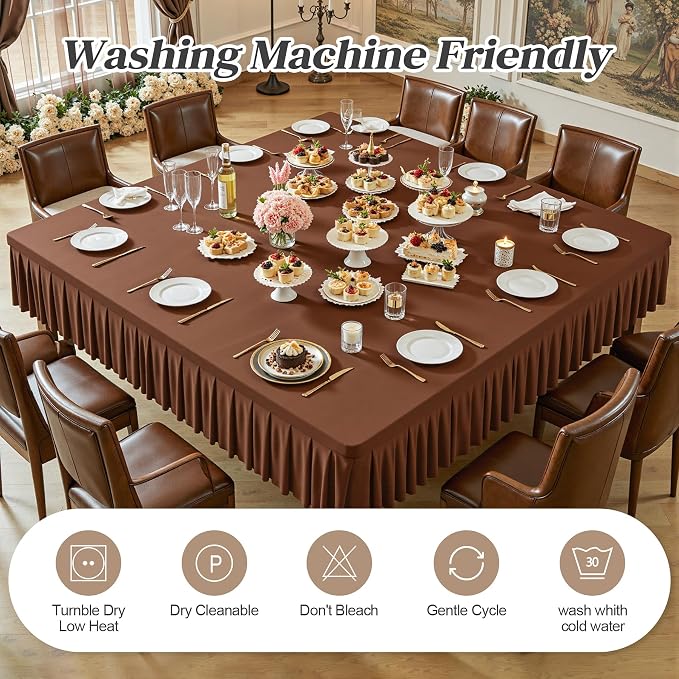 Wish Care Brown Spandex Tablecloths for 60x60 Inch Square Tables, Stretch Fitted Table Clothes with Pleated Ruffle Skirt for 60” Table, Wrinkle Free and Elastic, for Party Kitchen Home Dining
