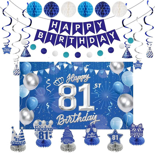 Happy Birthday Party Decoration Set: Including Birthday Banner Backdrop, Party Table Centerpieces and Hanging Swirl Party Streamers, Birthday Decor Suppliers for Men and Women (Blue, 81st Birthday)
