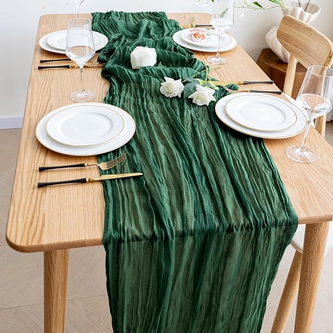 Wokceer Cheesecloth Table Runner Christmas 12Pack 10FT Emerald Green Boho Gauze Cheese Cloth Table Runner for Party Rustic Sheer Table Runners for Baby Bridal Shower Wedding Easter Table Decor