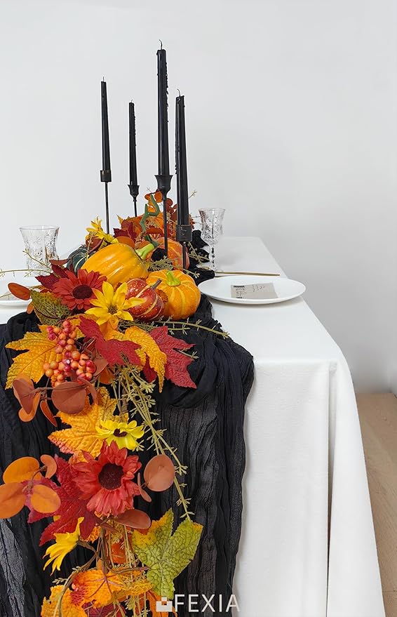 FEXIA 6 Pack Black Table Runner 35x120 Inches Gauze Rustic Farmhouse Gothic Decor for Halloween Thanksgiving First Communion Centerpiece Table Decorations (Black)