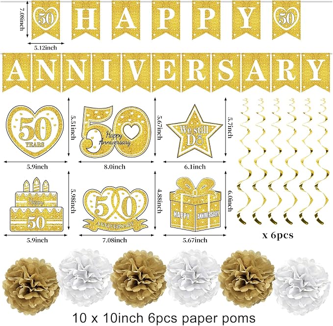 Turypaty Happy 50th Anniversary Decorations Kit, White Gold 50th Wedding Anniversary Party Supplies - Large Happy 50th Anniversary Banner Backdrop, Table Centerpieces, Hanging Swirls, Paper Pompoms